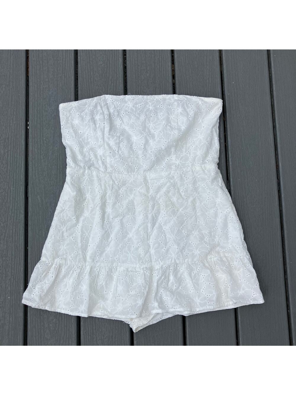 White eyelet strapless romper, Altar'd State, coquette cottagecore doll angel